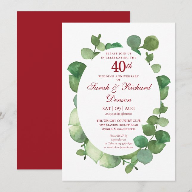 Invitation 40e Anniversaire de Mariage Rubis Eucalyptus Verdu (Devant / Derrière)