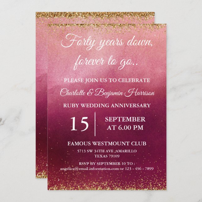 Invitation 40e anniversaire de mariage rubis pailleté or  (Devant / Derrière)