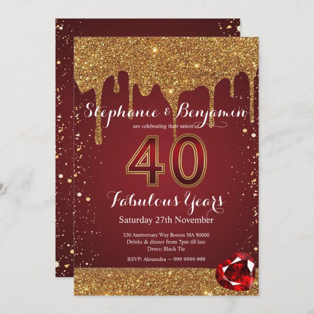 Invitation 40e Anniversaire de Mariage Rubis Paillettes Coula (Devant / Derrière)
