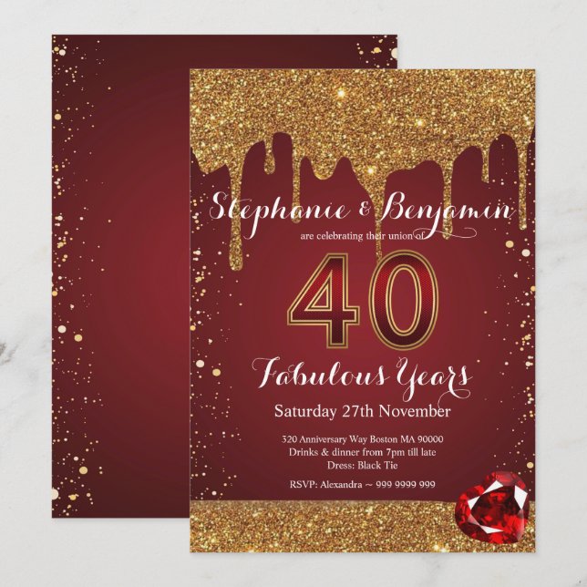 Invitation 40e Anniversaire de Mariage Rubis Paillettes Dorée (Devant / Derrière)
