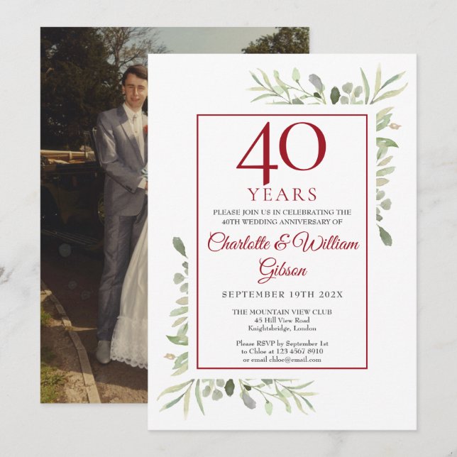 Invitation 40e anniversaire de mariage Rubis Photo de verdure (Devant / Derrière)