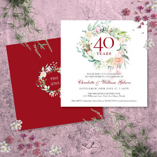 Invitation 40e Anniversaire de Mariage Rubis Roses Floral