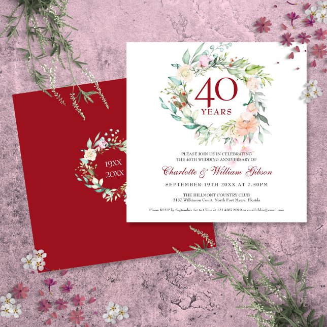 Invitation 40e Anniversaire de Mariage Rubis Roses Floral (40th Wedding Anniversary Ruby Roses Floral Invitation)