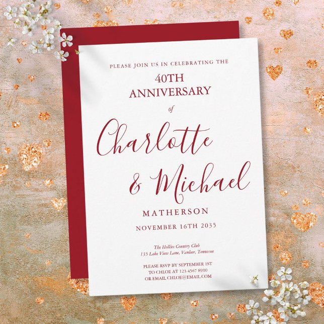 Invitation 40e anniversaire de mariage Ruby écriture élégante (40th Wedding Anniversary Ruby Elegant Script Invitation)