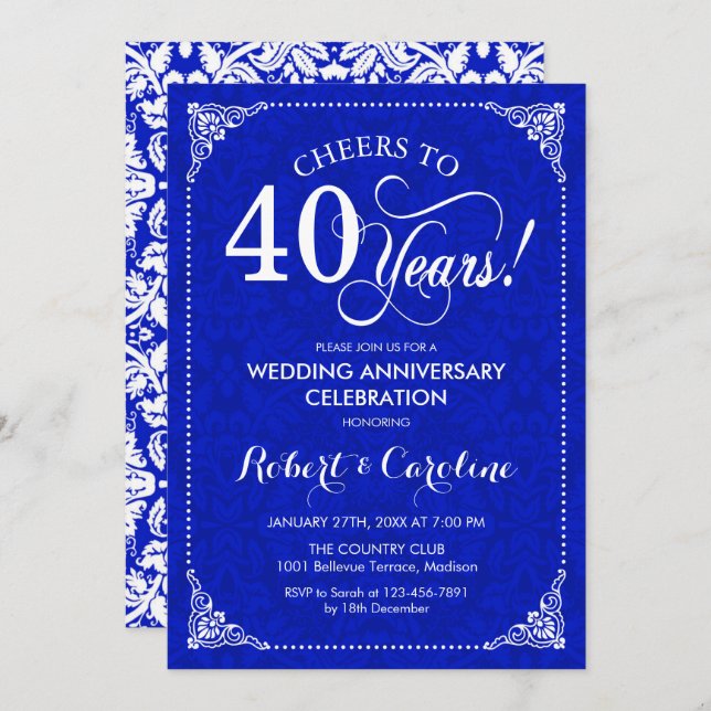 Invitation 40e anniversaire de mariage - Saphir Bleu Blanc (Devant / Derrière)