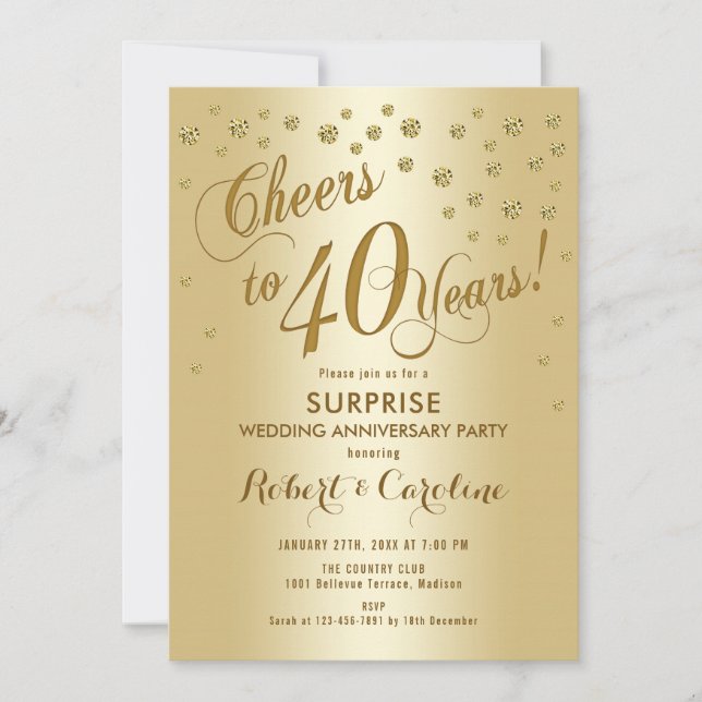 Invitation 40e anniversaire de mariage surprise - Or (Devant)