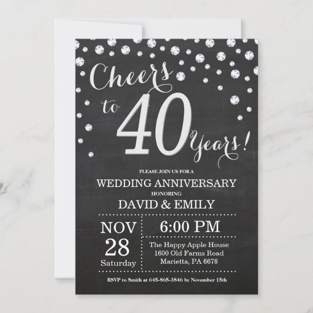 Invitation 40e anniversaire de mariage tableau noir craie arg (Devant)