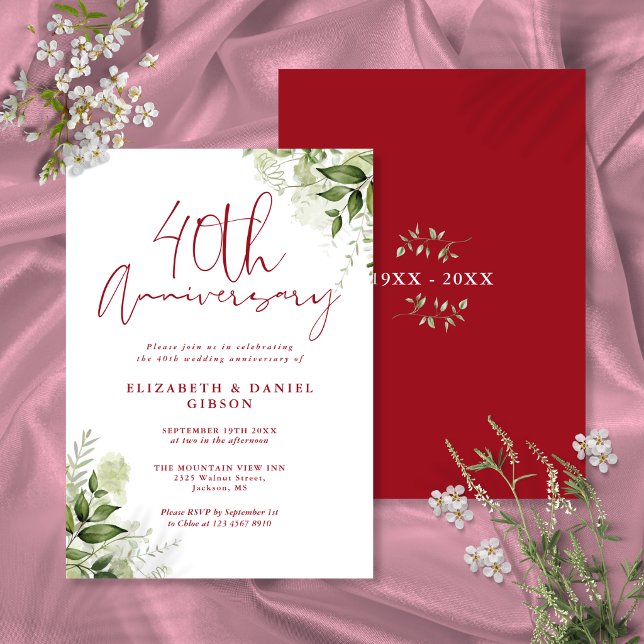 Invitation 40e Anniversaire de Mariage Verdure Script Ruby (40th Wedding Anniversary Greenery Ruby Script Invitation)