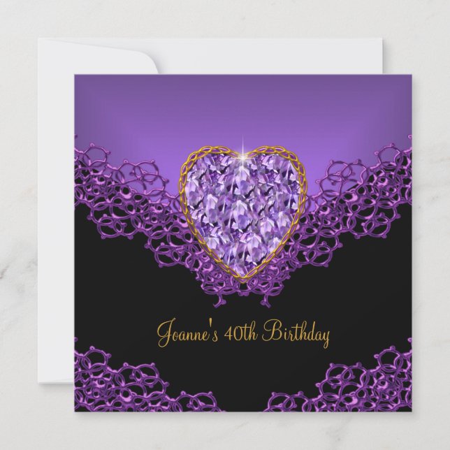 Invitation 40e Anniversaire Dentelle Noir Argent Violet Foncé (Devant)