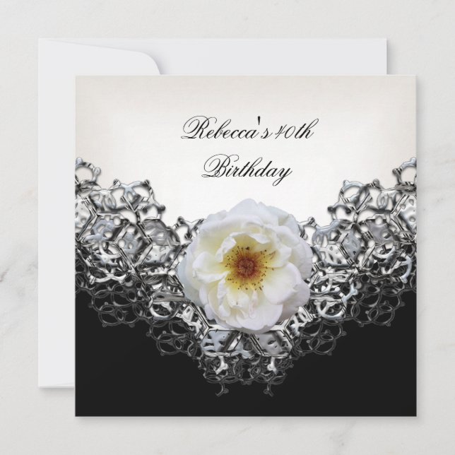 Invitation 40e Anniversaire dentelle noir blanc Fleur Argent (Devant)