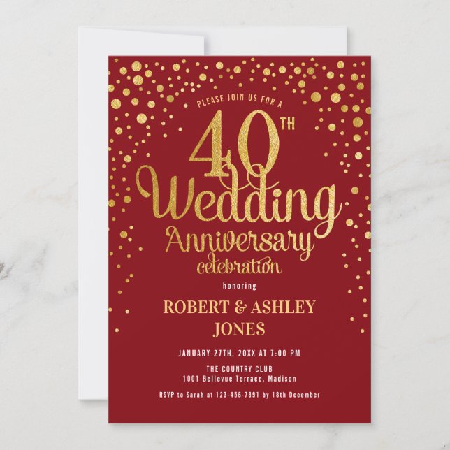 Invitation 40e anniversaire du Mariage - Ruby Red & Gold (Devant)