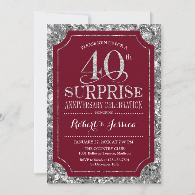 Invitation 40e anniversaire du Mariage surprise - Argent roug (Devant)
