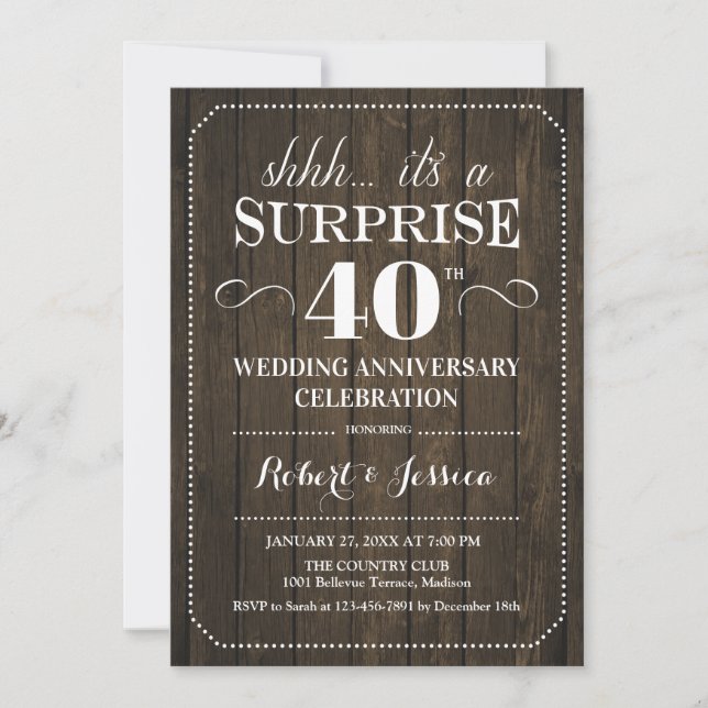 Invitation 40e anniversaire du Mariage surprise - Bois rustiq (Devant)