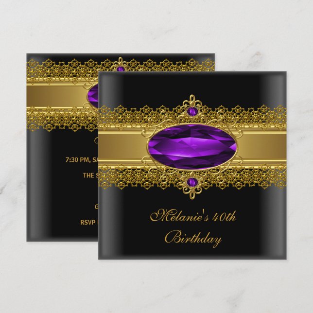 Invitation 40e anniversaire élégant dentelle noir violet or (Devant / Derrière)