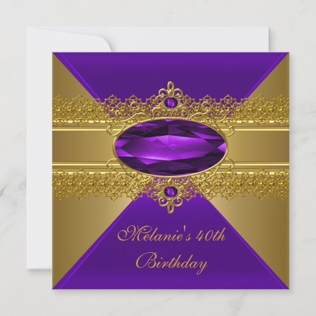 Invitation 40e anniversaire élégant dentelle violet or (Devant)