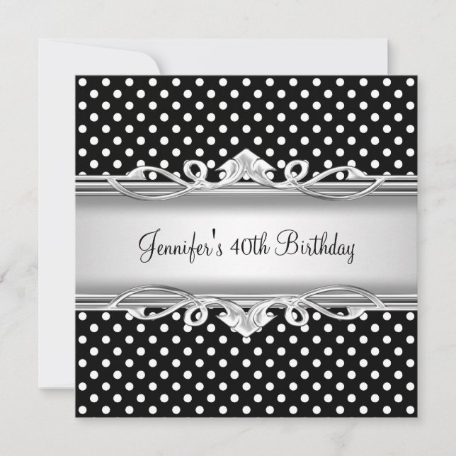 Invitation 40e anniversaire Élégant Noir Blanc tache Argent (Devant)