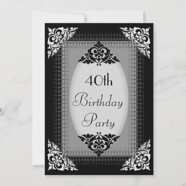 Invitation 40e anniversaire élégant noir et argent (Devant)
