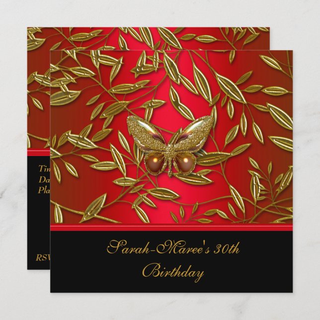 Invitation 40e anniversaire Elégant Papillon noir rouge riche (Devant / Derrière)