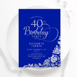 Invitation 40e anniversaire Elégant Royal Blue Roses d'argent<br><div class="desc">Simple et élégante invitation de fête de 40e anniversaire en bleu royal et argent. Design classique avec rose, faux feuille argent et police de script de typographie. Carte invitation tendance parfaite pour une célébration anniversaire élégante. Personnalisez avec vos propres détails. Peut être customisé à n'importe quel âge. Invitations Zazzle imprimées...</div>