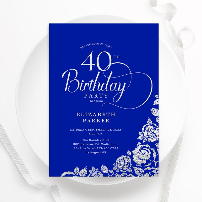 Invitation 40e anniversaire Elégant Royal Blue Roses d'argent (Créateur téléchargé)