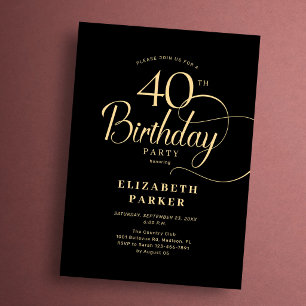 Invitation 40e anniversaire élégant simple noir or écriture