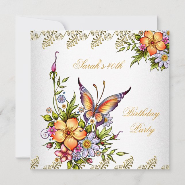 Invitation 40e anniversaire Elégante Fleurs Jaunes Roses Blan (Devant)