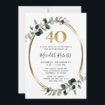 Invitation 40e anniversaire Eucalyptus Gold Metallic Party<br><div class="desc">40e anniversaire Eucalyptus Gold Metallic Party Invitation... Notre luxueuse invitation botanique à la fête du 40e anniversaire comprend un cadre (faux) or métallique ovale orné de feuilles d'eucalyptus vert poussiéreux et émeraude créant une bordure élégante pour le texte de l'invitation à l'intérieur. Au-dessus du texte de l'invitation se trouve un...</div>