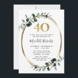 Invitation 40e anniversaire Eucalyptus Gold Metallic Party<br><div class="desc">40e anniversaire Eucalyptus Gold Metallic Party Invitation... Notre luxueuse invitation botanique à la fête du 40e anniversaire comprend un cadre (faux) or métallique ovale orné de feuilles d'eucalyptus vert poussiéreux et émeraude créant une bordure élégante pour le texte de l'invitation à l'intérieur. Au-dessus du texte de l'invitation se trouve un...</div>