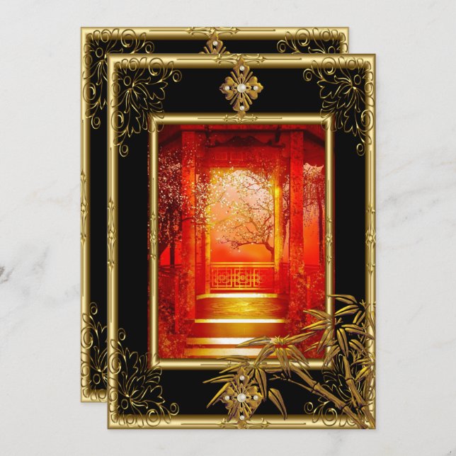 Invitation 40e Anniversaire Fête Asiatique Vue Or Bambou Roug (Devant / Derrière)