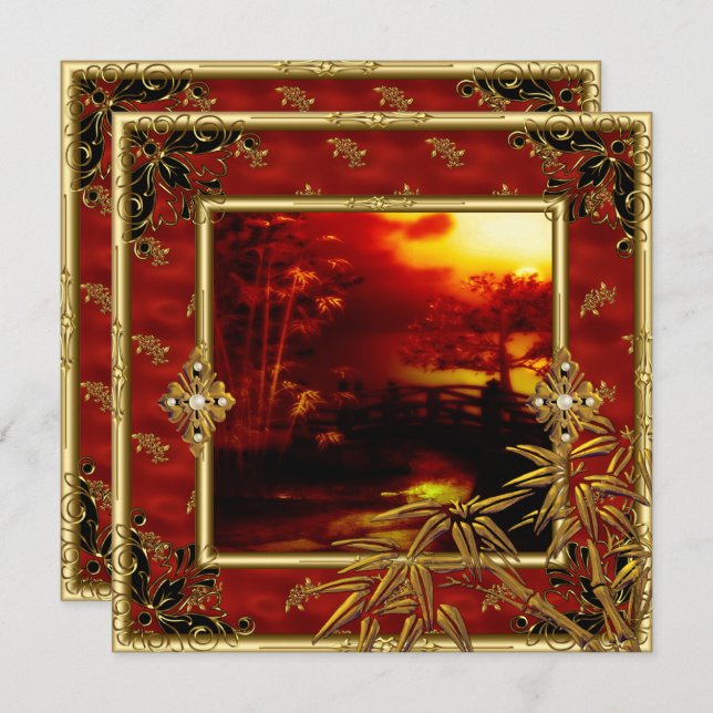 Invitation 40e Anniversaire Fête Asiatique Vue Or Bambou Roug (Devant / Derrière)