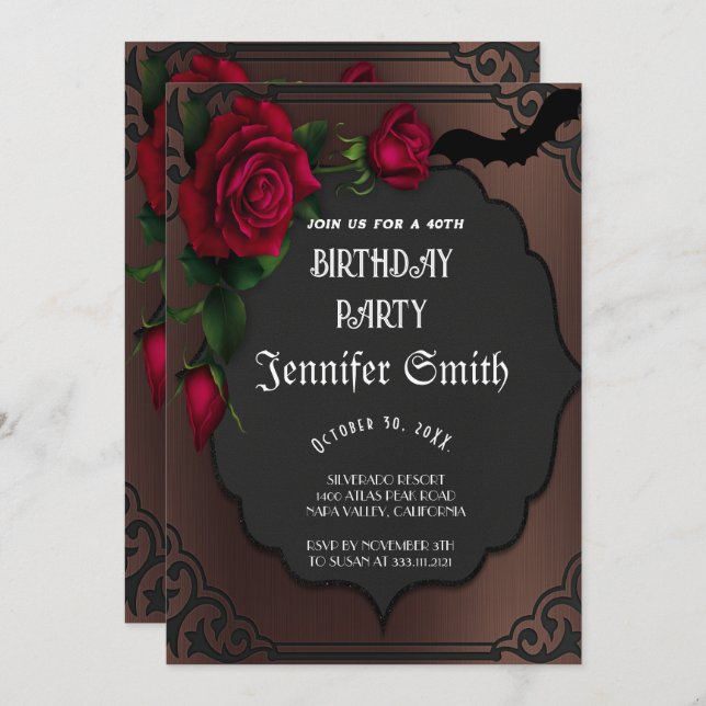Invitation 40e anniversaire fête gothique rouge (Devant / Derrière)