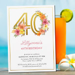 Invitation 40e anniversaire fête Plutôt Floral Gold Numéro 40<br><div class="desc">40e anniversaire invitation de fête avec numéro or 40 décoré de jolies fleurs. Design féminin et élégant avec des arrangements floraux aquarelles dans les tons jaune rose orange et violet. Parfait pour la célébration de 40e anniversaire,  le déjeuner d'anniversaire de printemps ou d'été,  thé de jardin etc.</div>