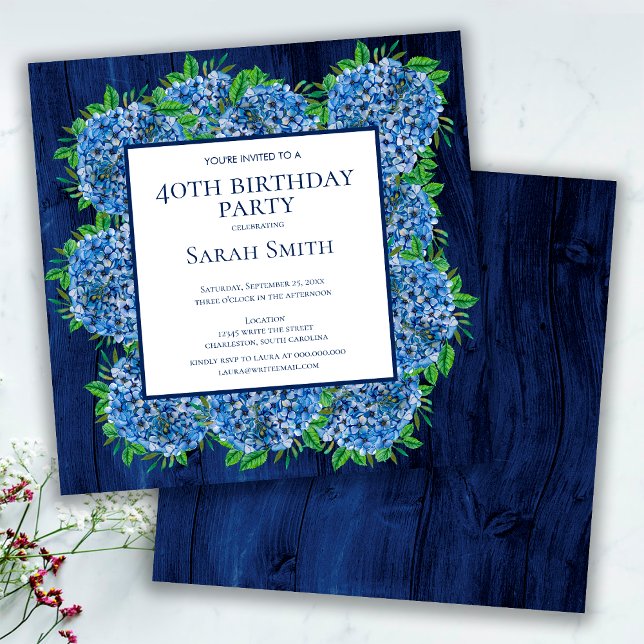 Invitation 40e Anniversaire Fête Rustique Bois Hydrangeas Ble (Créateur téléchargé)