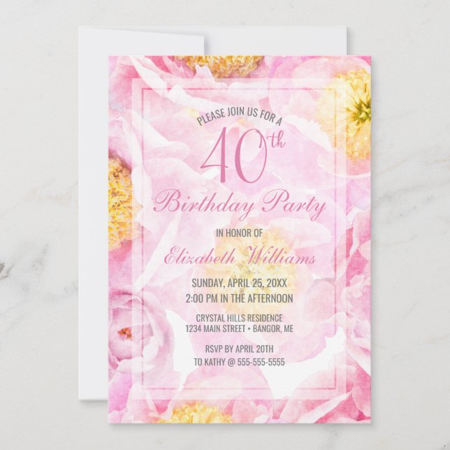 Invitation 40e anniversaire Floral Pink Watercolor Party (Devant)