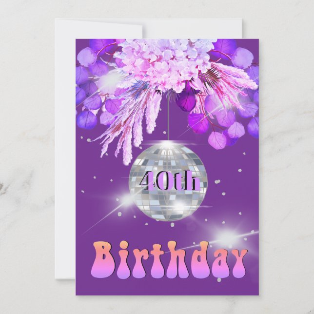 Invitation 40e anniversaire Floral Purple Disco Ball (Dos)