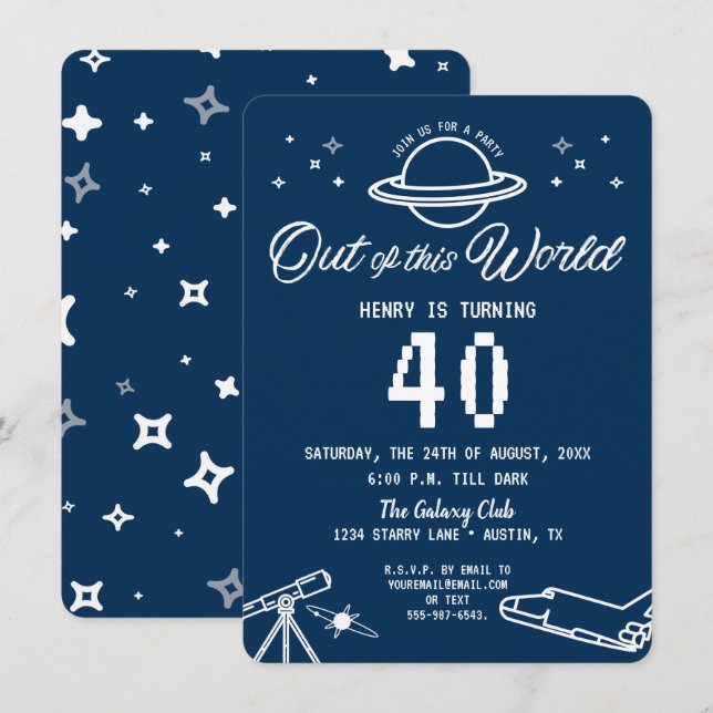 Invitation 40e anniversaire Galaxie spatiale hors de ce monde (Devant / Derrière)
