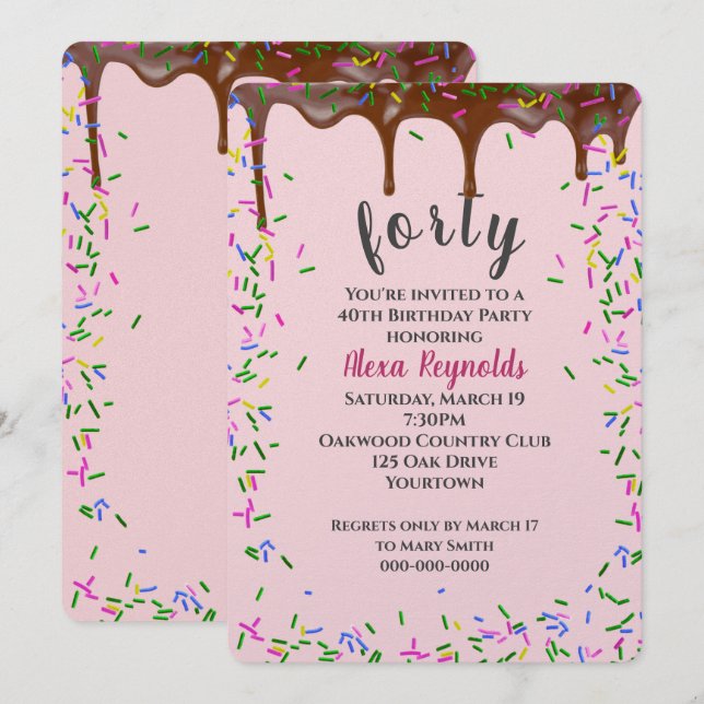 Invitation 40e Anniversaire Glacage au chocolat avec arrosage (Devant / Derrière)