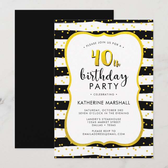 Invitation 40e anniversaire Gold rayé et noir (Devant / Derrière)