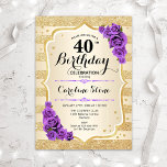 Invitation 40e anniversaire - Gold Stripes Roses violets<br><div class="desc">Invitation du 40e anniversaire. Design élégant en or et violet. Caractéristiques des bandes d'or de parties scintillant faux,  des caractères de script et des confettis de style rose violet. Parfait pour une fête d'anniversaire glam.</div>
