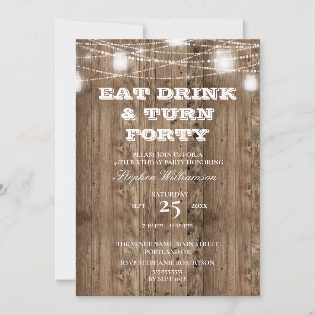 Invitation 40e anniversaire grange bois manger boire & 40 ans (Devant)