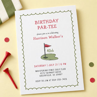 Invitation 40e Anniversaire Green Main Dessinée Golf Par-Tee