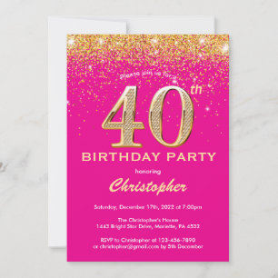 Invitation 40e anniversaire Hot rose et Parties scintillant o