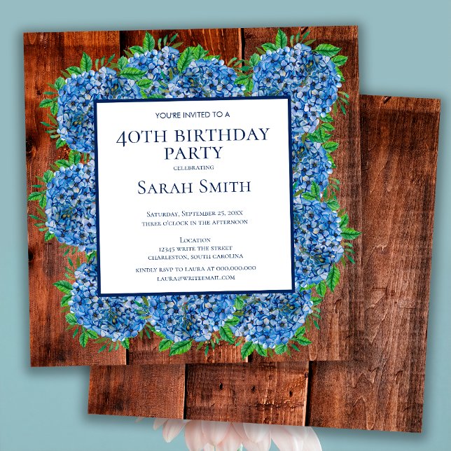 Invitation 40e Anniversaire Hydrangeas Bleu Bois Fête Rustiqu (Créateur téléchargé)