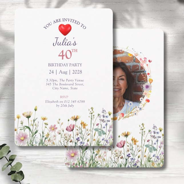 Invitation 40e anniversaire Jardin Floral Wild Meadow Photo (Floral 40th birthday party invitations on a grey wood background.)