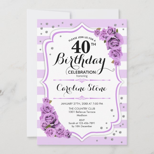Invitation 40e anniversaire - Lavande Blanc Fleurs pourpres (Devant)