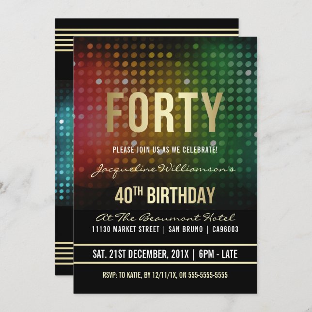 Invitation 40e anniversaire| Lumières de disco rétro (Devant / Derrière)