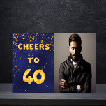 Invitation 40e anniversaire marine bleu or applaudissent phot<br><div class="desc">Une invitation branchée à la fête du 40e anniversaire. Avec le texte : Cheers à 40 sur l'avant écrit avec des lettres de faux ballon d'or. Arrière - plan bleu foncé, la couleur bleue est inégale. Avec des confettis dorés. Modèle pour votre photo. Ajoutez les détails de votre événement à...</div>