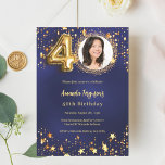 Invitation 40e anniversaire marine bleu or étoiles photo<br><div class="desc">Une invitation photo moderne et design pour une fête de 40e anniversaire. Un arrière - plan bleu marine,  décoré d'étoiles dorées. La couleur bleue est inégale. Personnalisez et ajoutez vos photos et détails de fête.</div>