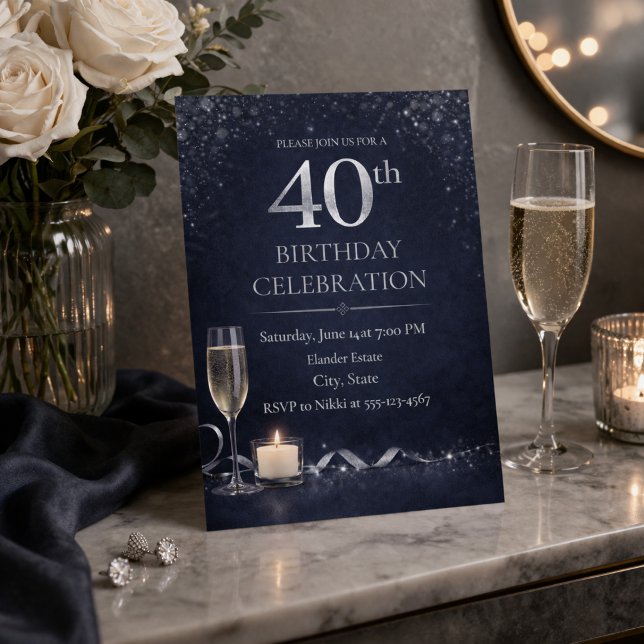 Invitation 40e anniversaire Midnight Silver (Midnight navy and silver shimmer set the tone for a refined 40th birthday evening)