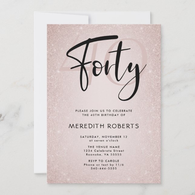 Invitation 40e anniversaire Modern Script Rose Gold Party (Devant)